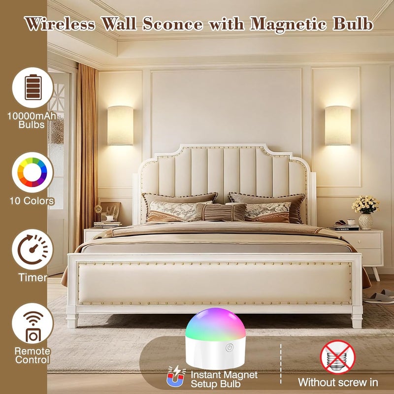 Yunaking Battery Operated Wall Sconce Set of Two: 10000mAh Wireless Wall Light with Rechargeable Magnetic Bulb - Dimmable Wall Lamp with 7 RGB Colors - Linen Shade Sconces with Remote for Bedroom Living Room - Image 2